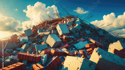 Construction site debris of concrete and brick rubble
