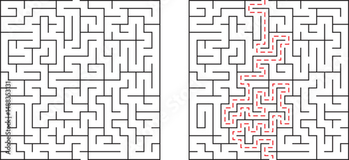 Vector illustration of maze problem solution with marked route in a challenging puzzle