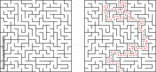 A challenging maze solved with the path highlighted in a red color