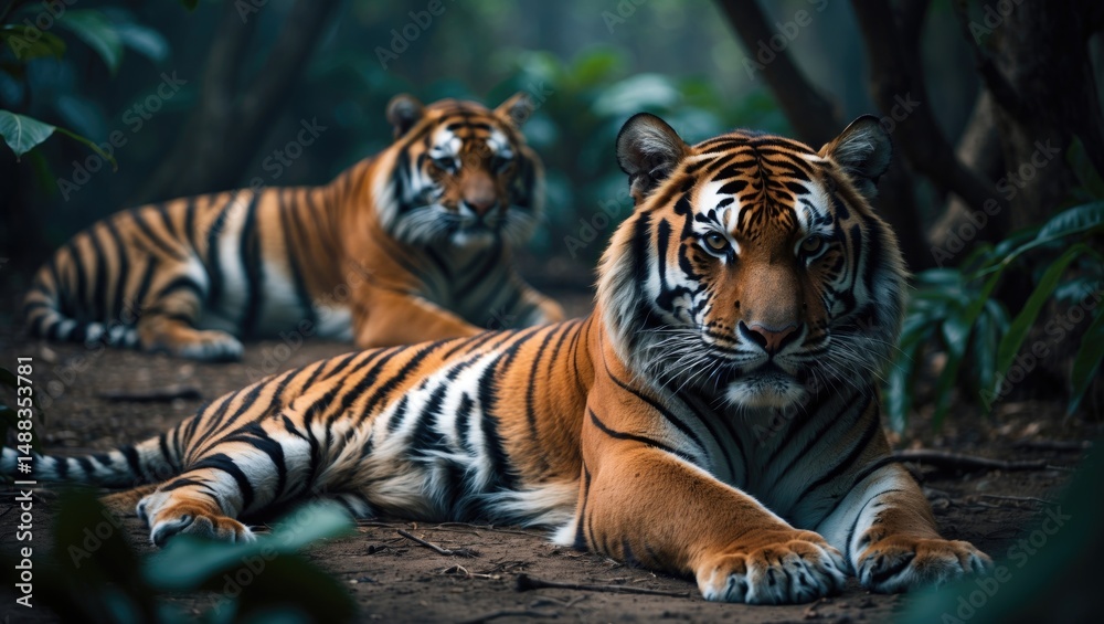 Fototapeta premium tiger sprawled on the earth with a dramatic atmosphere