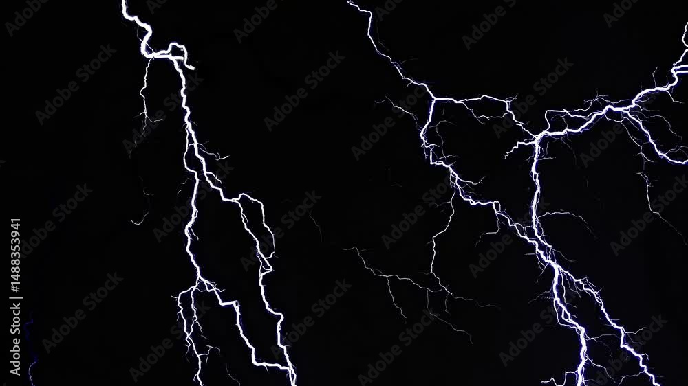 Lightning bolt strikes on pure black background isolated chroma key for overlay and VFX