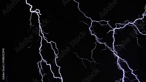 Lightning bolt strikes on pure black background isolated chroma key for overlay and VFX