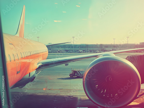 Airplane Wing and Engine at Airport in Sunset Light