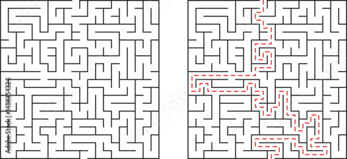Complex black and white maze with solution path marking the right route to success