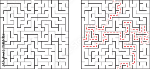 A black and white maze with the solution highlighted in a dotted red line