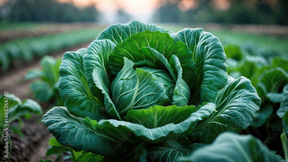 Obraz premium Macro shot of a healthy green cabbage emphasizing its textured foliage and vigorous growth