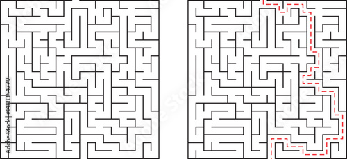 Complex maze illustration showing the path to solution with red dotted line guidance