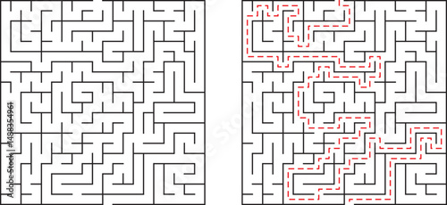 Complex maze illustration featuring unsolved and solved paths on a white background