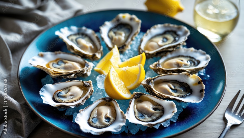 Close-up of Fresh Oysters on a Plate with Lemon and Ice, Top Table View. Healthy Seafood. Gourmet Cuisine. Close-up of Fresh Oysters on a Plate with Lemon and Ice, Top Table View. Healthy Seafood. Gourmet Cuisine.