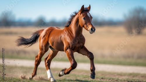 A bay foal is running at a trot