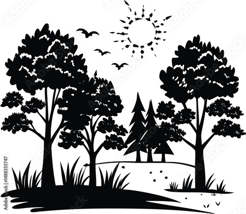 Black silhouette of a forest scene with lush foliage and sunlight vector design