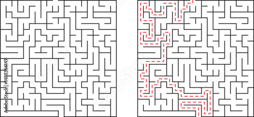 Vector illustration of a maze unsolved and solved with the route highlighted in red
