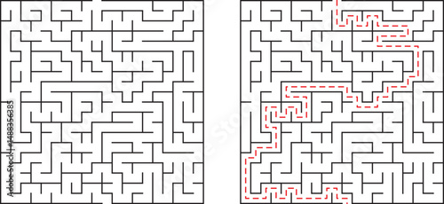A complex maze with a solved path marking the correct route through its walls