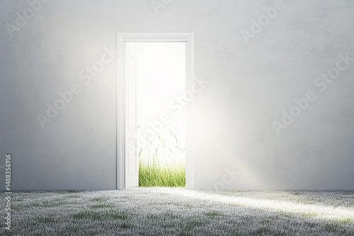 A white door opening to a bright green field in a minimalist white room space