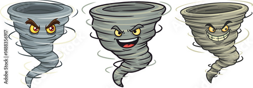 Three Cartoon Tornados with Angry Expressions Whimsical Weather Illustrations