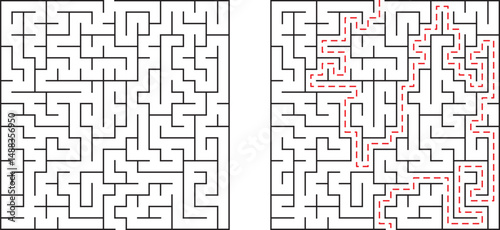 Complex maze illustration showing unsolved challenge and solved solution with red path route