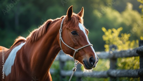 Calmly standing, a chestnut horse with a white blaze wears a rope halter. Sunlight enhances its deep coat while it looks into the distance, bordered by a rustic wooden fence and lush foliage.