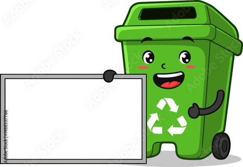Happy Green Recycling Bin Cartoon Mascot Holding Blank Sign for Your Message