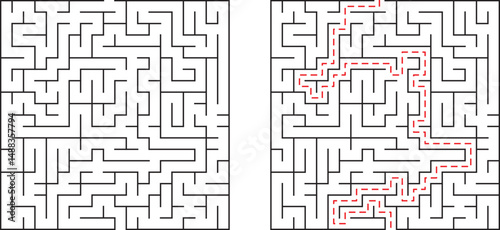 Maze illustration showing the path through a complex labyrinth of the black and white grid