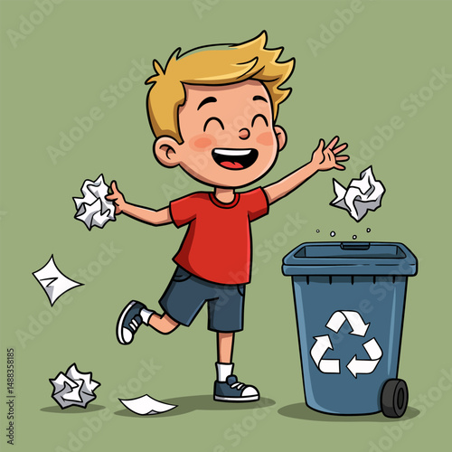 Happy Boy Recycling Paper  Fun Illustration Promoting Environmental Responsibility for Kids