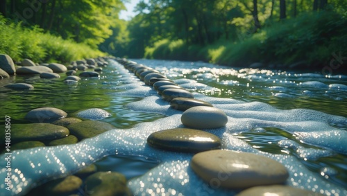 Foam dots formed by water cascading over rocks travel downstream
