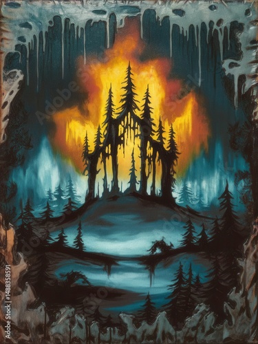 Eerie forest painting features imposing trees against a fiery backdrop photo