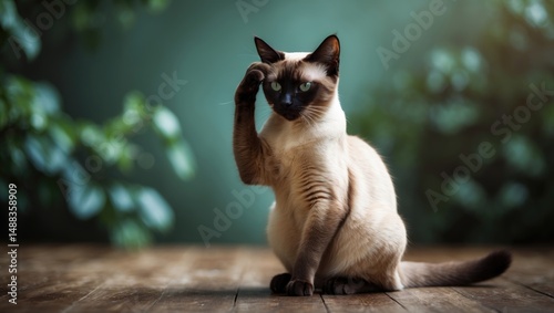Siamese cat resting on wooden floor against a blurred green backdrop, scratching its ears with space for text. Cat suffering from ear condition.