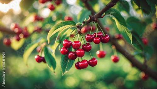 Juicy cherries suspended on a tree limb. Harvesting cherries in an organic farm.