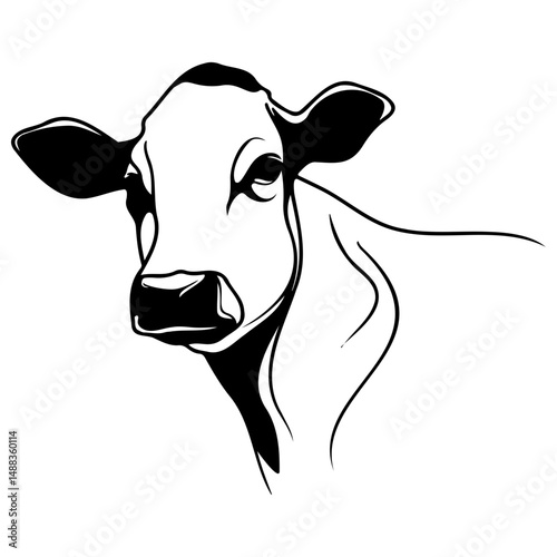 Cow Half Body Side View In style of Realistic Outline Vector Illustration For Farm Animal Design, Minimal Line Art, Clean Drawing, No Background
