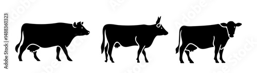 Cow Silhouette Vector In style of Minimal Black Silhouette Illustration For Farm Animal Design, T-Shirt Print, and Logo Use Including Side View Trio Composition