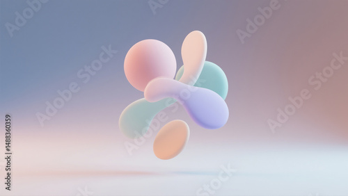 Abstract 3D shapes floating on a pastel background