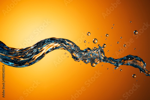 Dynamic splash of swirling water with droplets captured mid-air against a glowing orange background with light reflections and fluid motion concept.