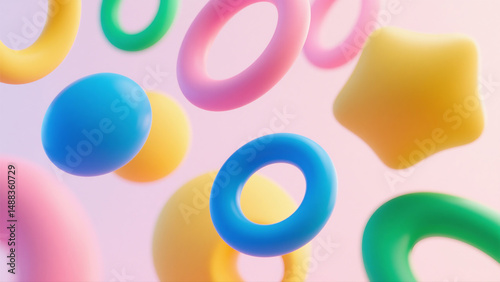 Abstract 3D shapes floating on a pastel background