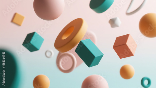 Abstract 3D shapes floating on a pastel background