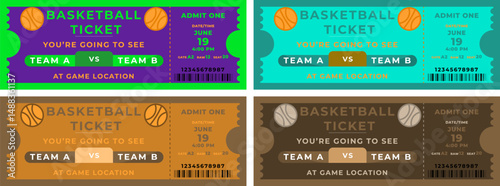 Colorful Basketball Game Tickets Team A versus Team B Game Location Admit One. High contrast and monochrome 