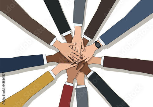 Top View: Diverse Hands United Collaboration, Teamwork, and Unity in Business