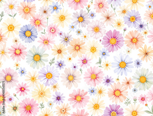 seamless pattern with camomiles watercolor flowers