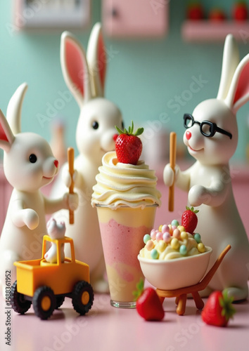 sprinkles, strawberries, food art, animal figurines, whimsical scene, sweet treats,