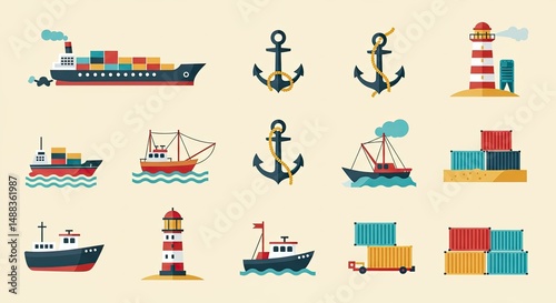 Flat design vector illustration of various nautical and marine transportation elements