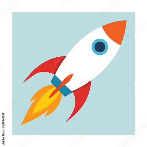 Cartoon rocket ship taking off into space against a light blue background