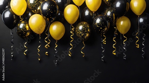 Decoración de fiesta con globos negros y dorados y cintas flotantes en un ambiente elegante y sofisticado para celebraciones especiales
