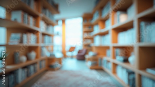 Fuzzy background depicting a peaceful interior adorned with minimalist bookshelves stocked with neatly organized literature and elegant decorative pieces, perfect for upgrading a modern home.