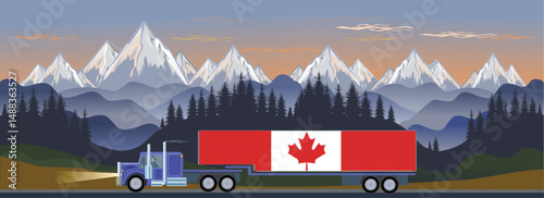 Truck drive in North America. Snow Mountains on background