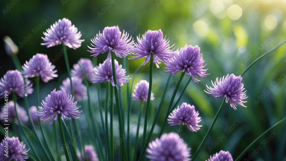 Fototapeta premium Spicy chives flowering plant Allium schoenoprasum: a garden herb and culinary ingredient in bloom