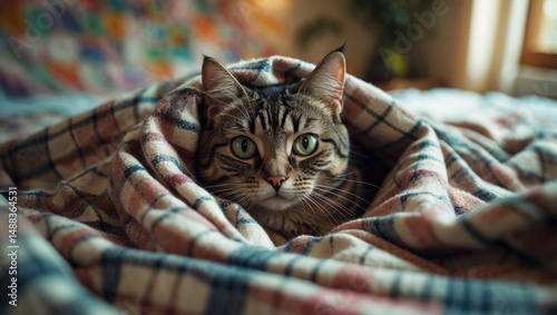 Attractive kitty with prominent eyes tucked in a snug area under a blanket on the bed