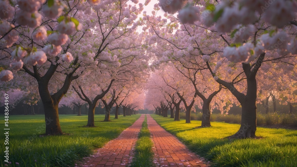 Fototapeta premium Path through Farms with Cherry Blossom Trees