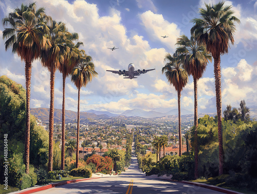 Beverly Hills Palm Trees and Airplane Travel Vibes in Blue Sky