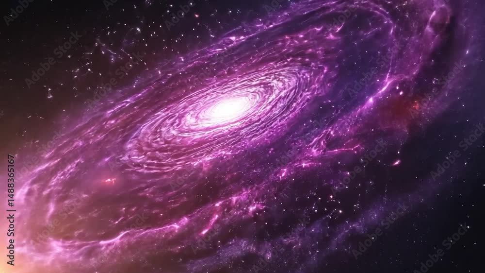 Purple Galaxy Spiral: A mesmerizing spiral galaxy swirls in vibrant shades of purple and pink, its core radiating a brilliant white light against the backdrop of a star-studded expanse.