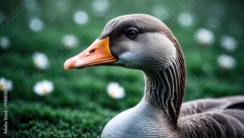 An alert fowl with vibrant green background featuring animals, feathers, and pond scenery