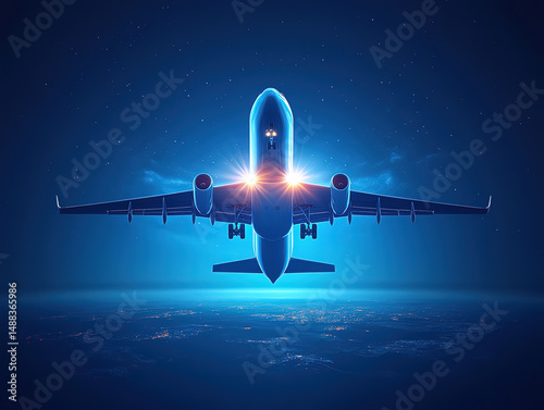 Illuminated Airplane Flying Above Earth at Night